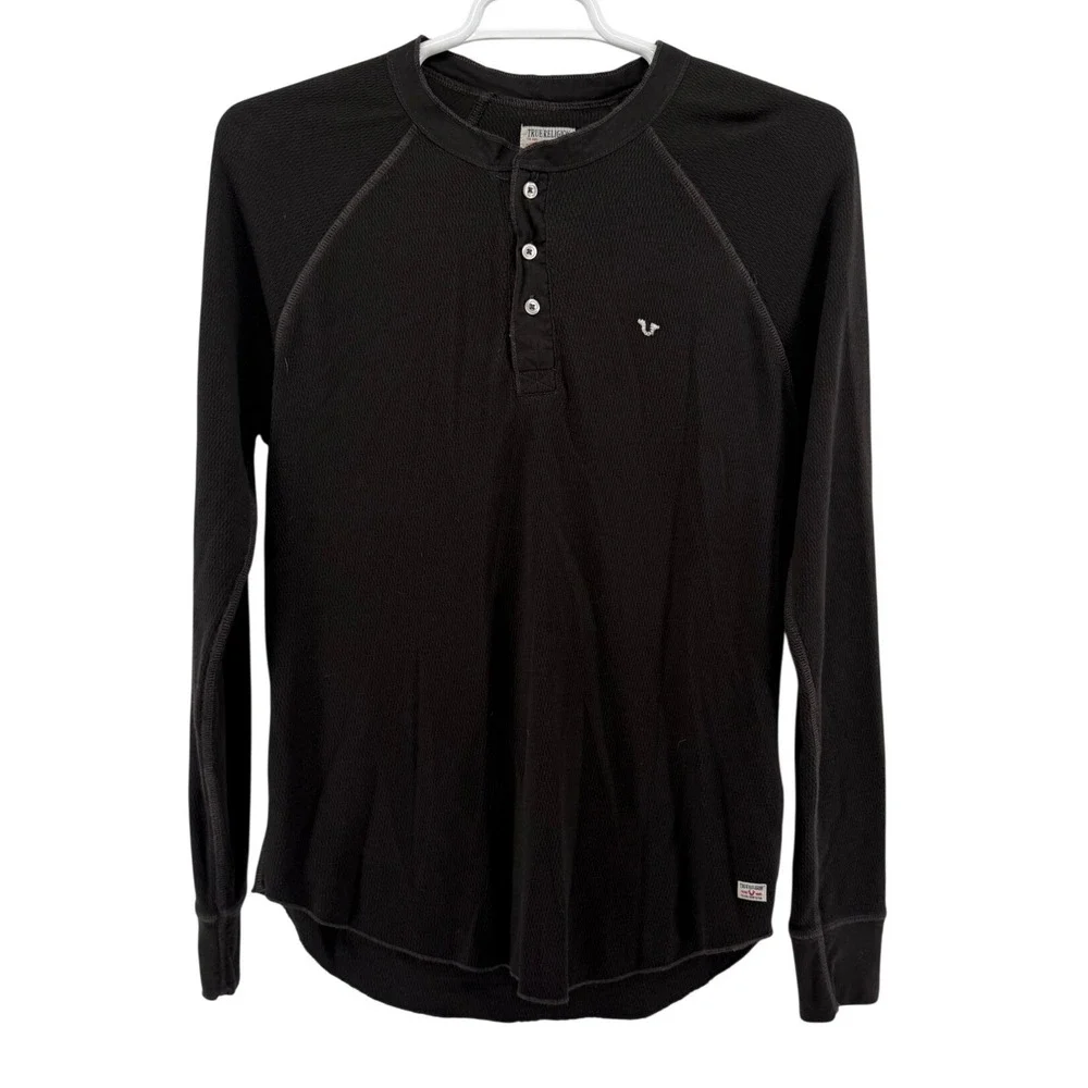 True Religion Mens XL Black Waffle Knit Long Sleeve Henley Shirt LS Henley
